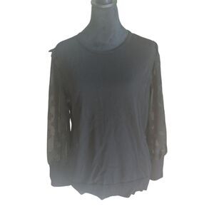 CECE Mixed Media Sweater M Black Sheer Floral Sleeve Cotton Knit Top